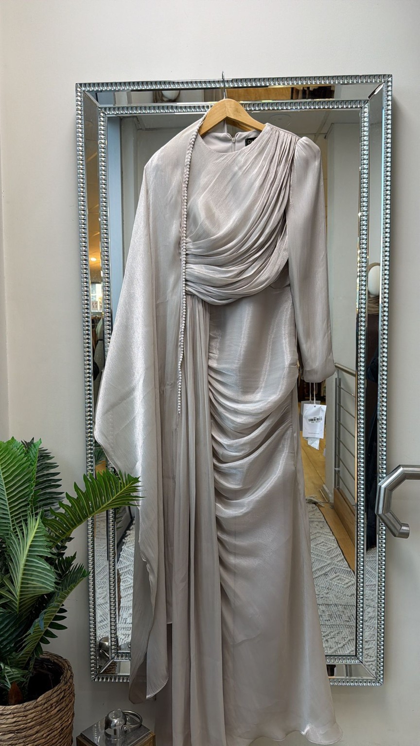 Elegant Draped Pearl Detail Satin Maxi Dress